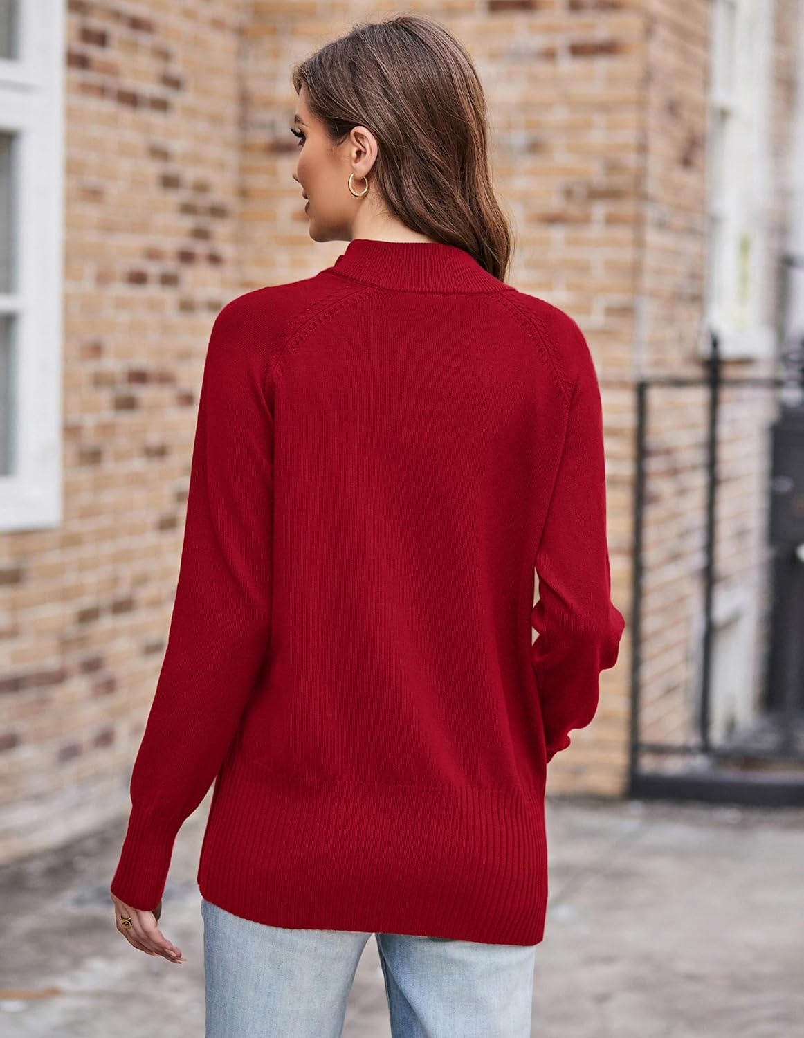 image:imageGRACE KARIN Womens Long Sleeve Zip Up Knit Cardigan with Pockets Stand Collar Full Zip Sweater Coats Trendy Fall JacketsRed