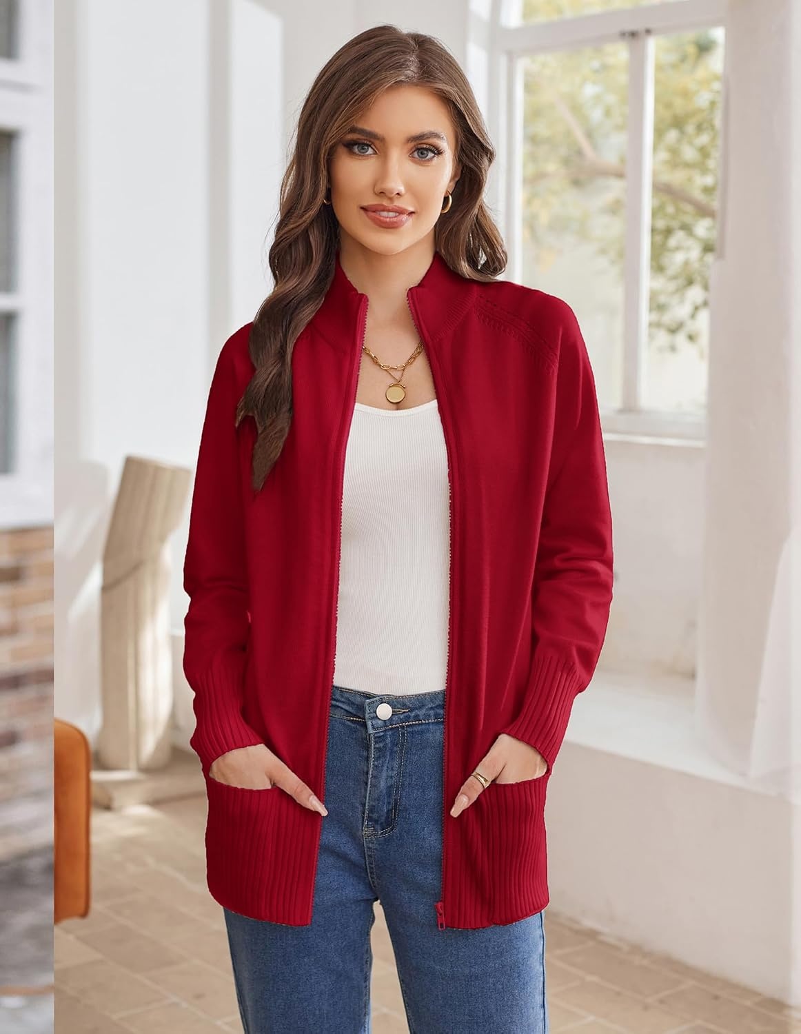 image:imageGRACE KARIN Womens Long Sleeve Zip Up Knit Cardigan with Pockets Stand Collar Full Zip Sweater Coats Trendy Fall JacketsRed