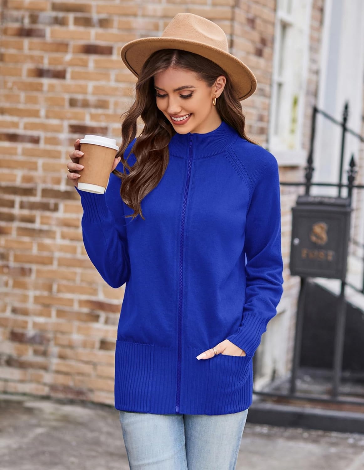 image:imageGRACE KARIN Womens Long Sleeve Zip Up Knit Cardigan with Pockets Stand Collar Full Zip Sweater Coats Trendy Fall JacketsRoyal Blue