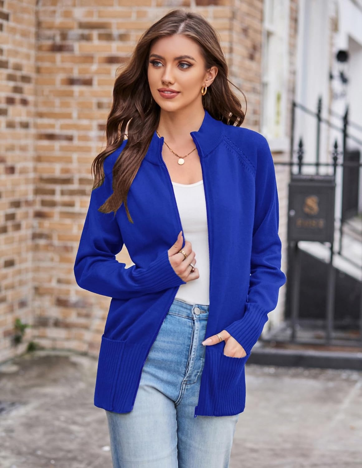image:imageGRACE KARIN Womens Long Sleeve Zip Up Knit Cardigan with Pockets Stand Collar Full Zip Sweater Coats Trendy Fall JacketsRoyal Blue