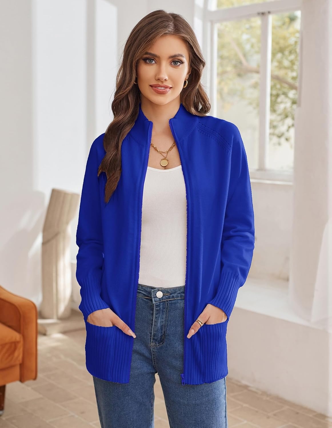 image:imageGRACE KARIN Womens Long Sleeve Zip Up Knit Cardigan with Pockets Stand Collar Full Zip Sweater Coats Trendy Fall JacketsRoyal Blue