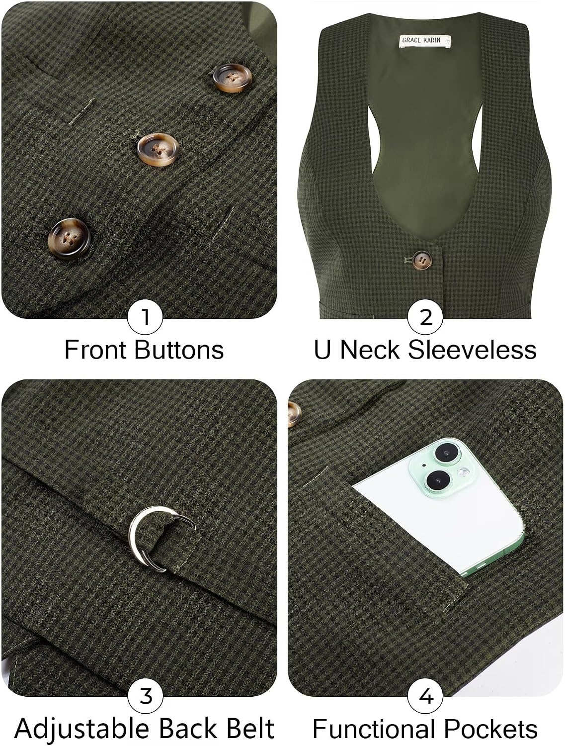 image:imageGRACE KARIN Womens Suit Vest Top Dressy Casual Sleeveless Button Waistcoat Fromal Steampunk Blazer for Work OfficeArmy Green