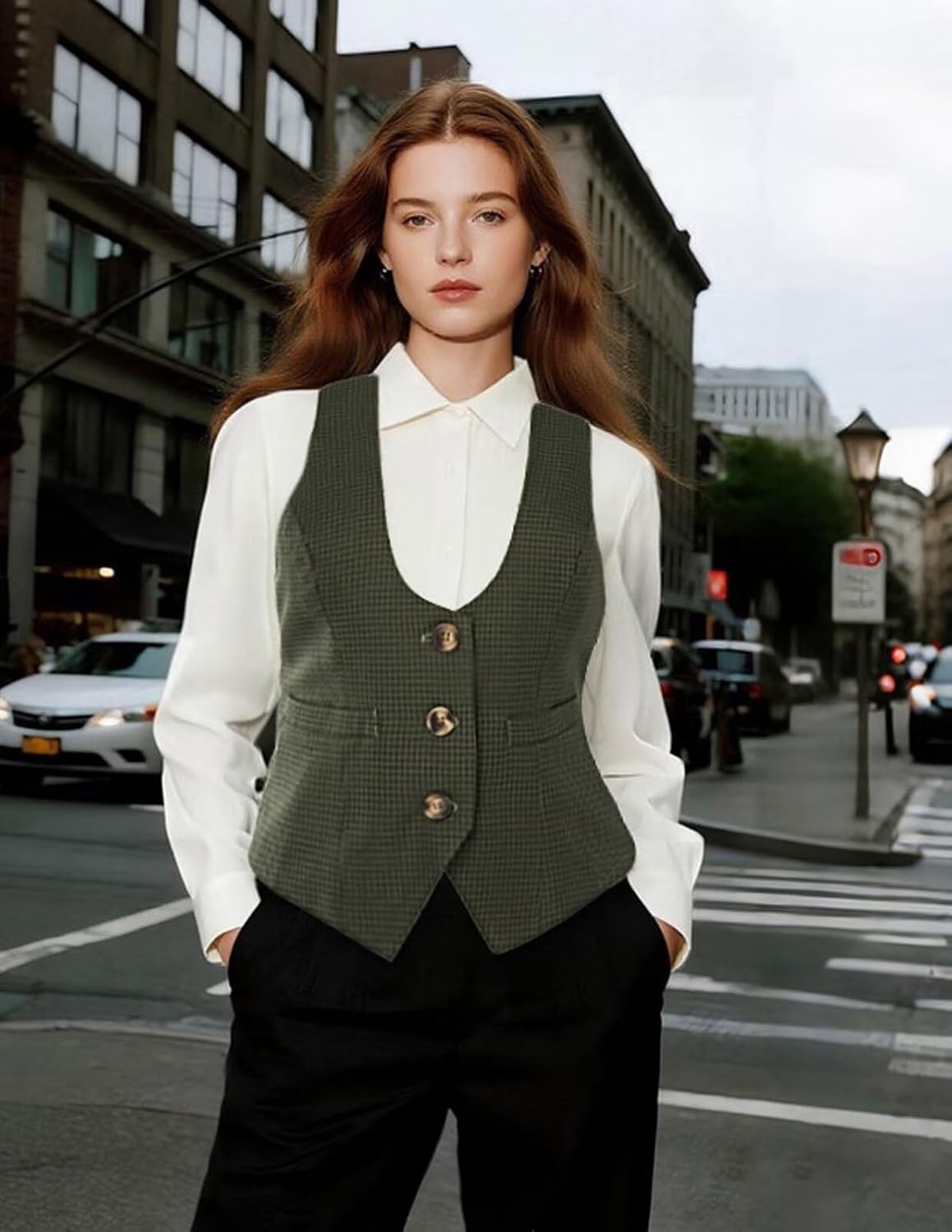 image:imageGRACE KARIN Womens Suit Vest Top Dressy Casual Sleeveless Button Waistcoat Fromal Steampunk Blazer for Work OfficeArmy Green