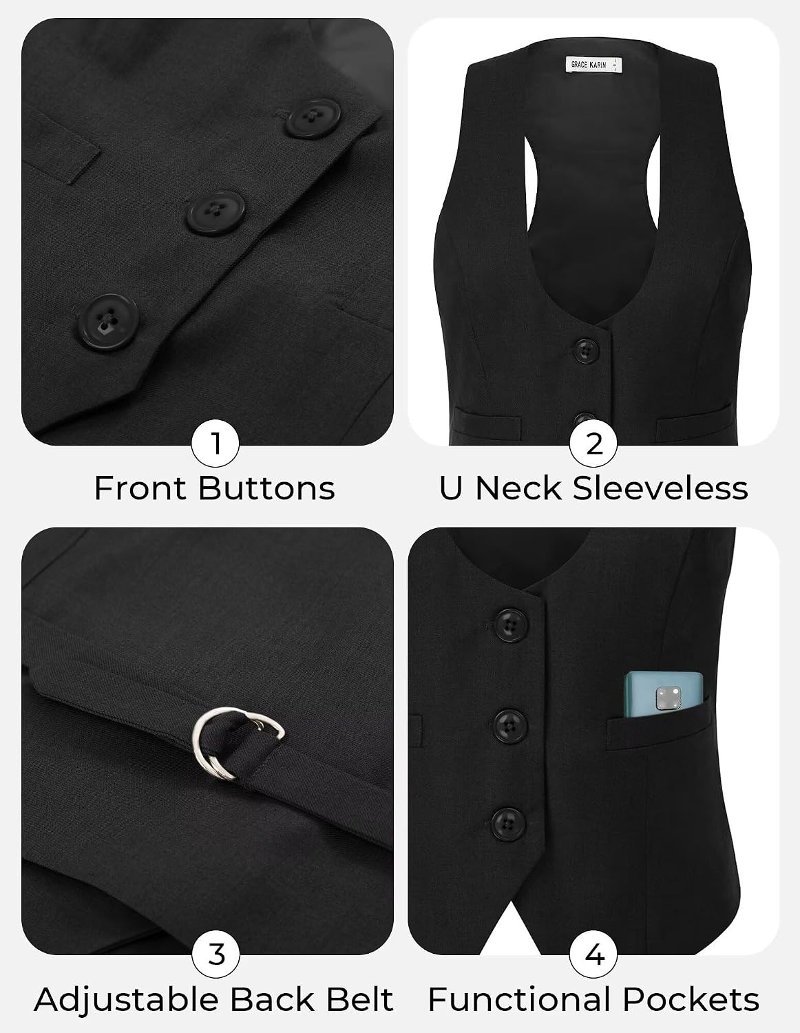 image:imageGRACE KARIN Womens Suit Vest Top Dressy Casual Sleeveless Button Waistcoat Fromal Steampunk Blazer for Work OfficeBlack