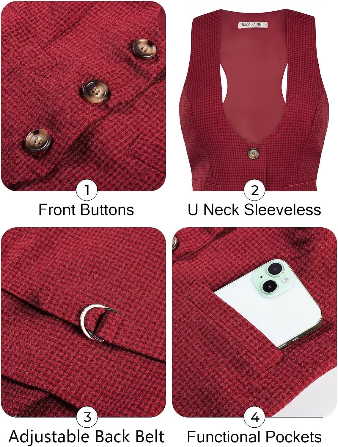image:imageGRACE KARIN Womens Suit Vest Top Dressy Casual Sleeveless Button Waistcoat Fromal Steampunk Blazer for Work OfficeDeep Red