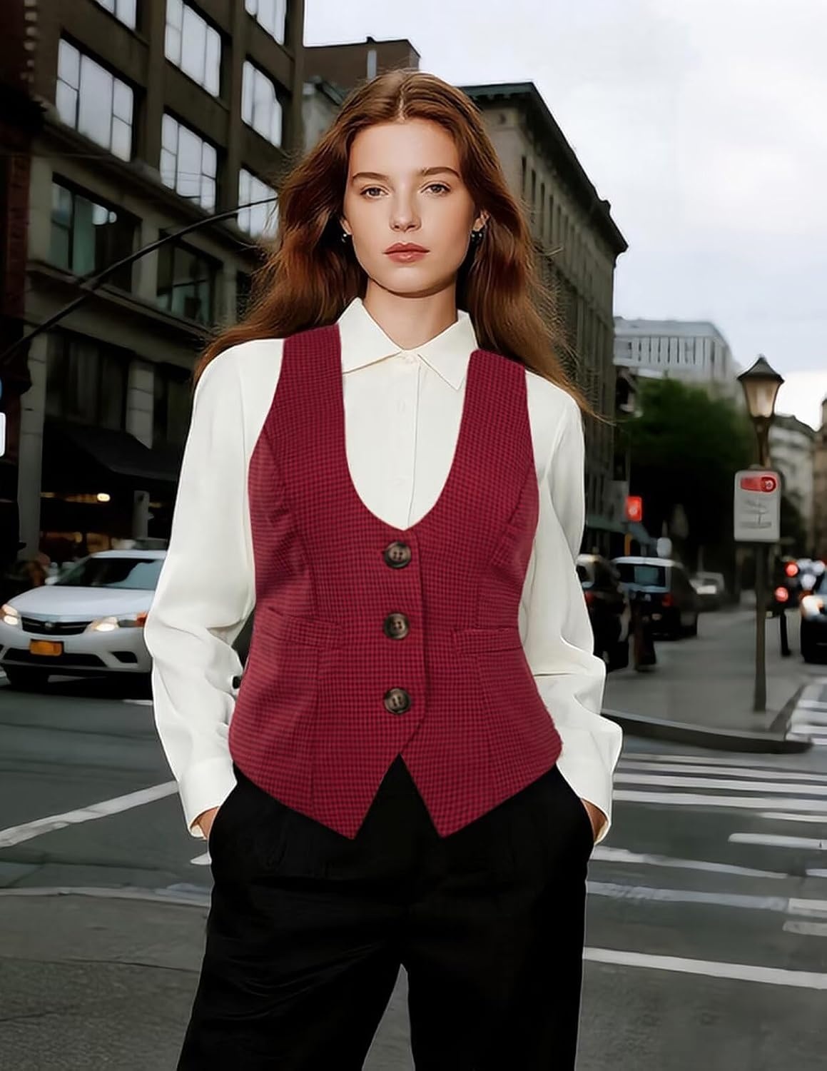 image:imageGRACE KARIN Womens Suit Vest Top Dressy Casual Sleeveless Button Waistcoat Fromal Steampunk Blazer for Work OfficeDeep Red