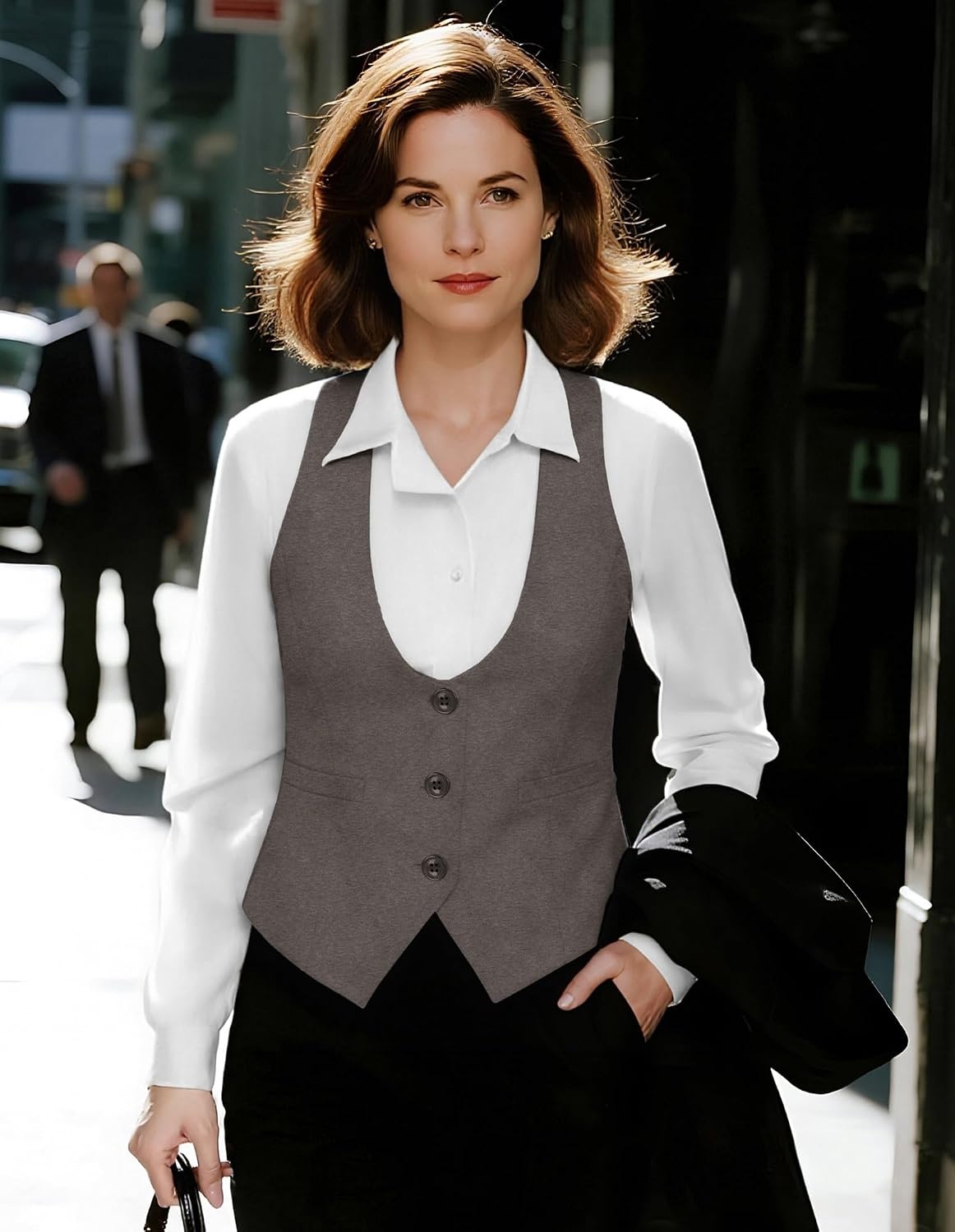 image:imageGRACE KARIN Womens Suit Vest Top Dressy Casual Sleeveless Button Waistcoat Fromal Steampunk Blazer for Work OfficeGray Brown