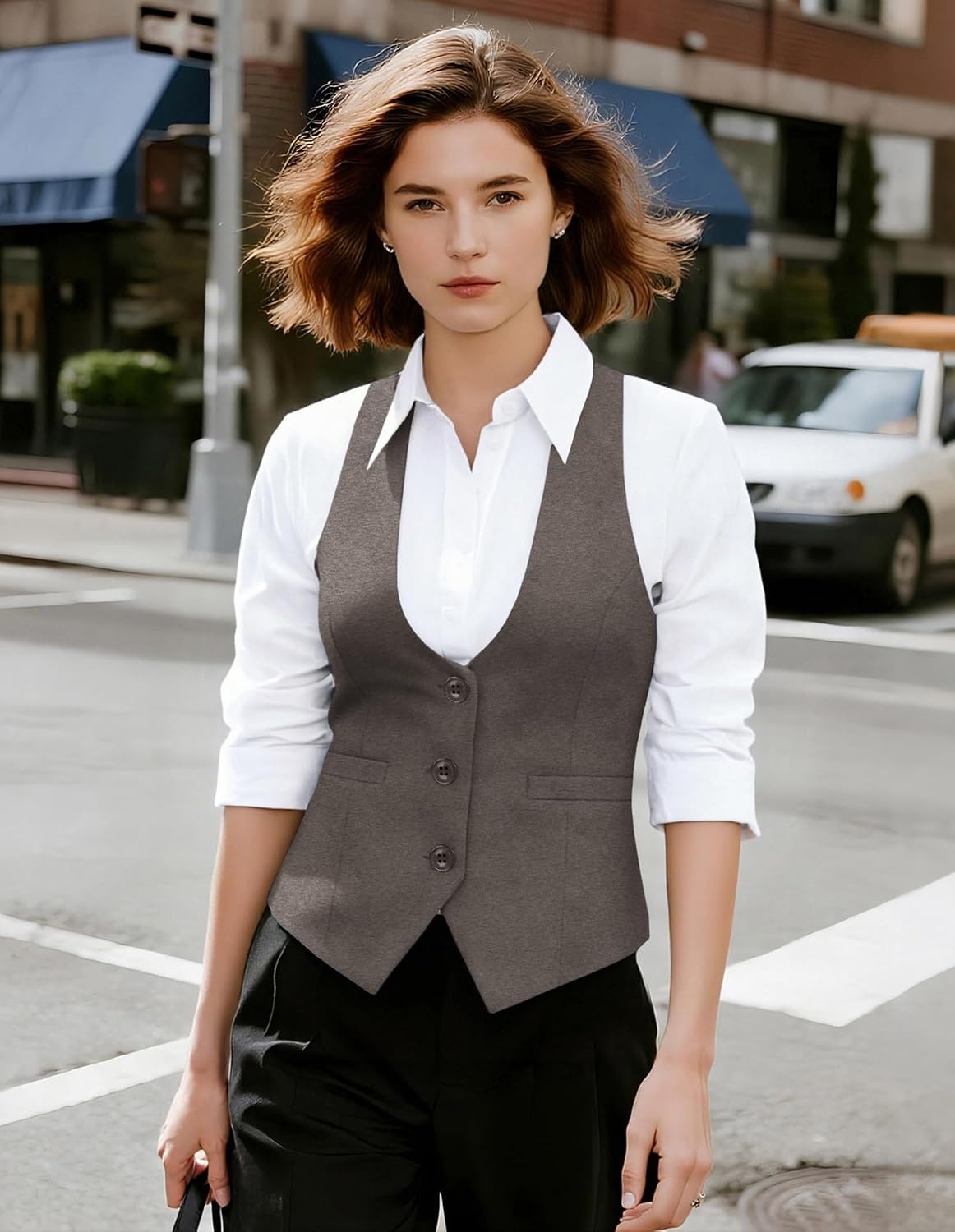 image:imageGRACE KARIN Womens Suit Vest Top Dressy Casual Sleeveless Button Waistcoat Fromal Steampunk Blazer for Work OfficeGray Brown