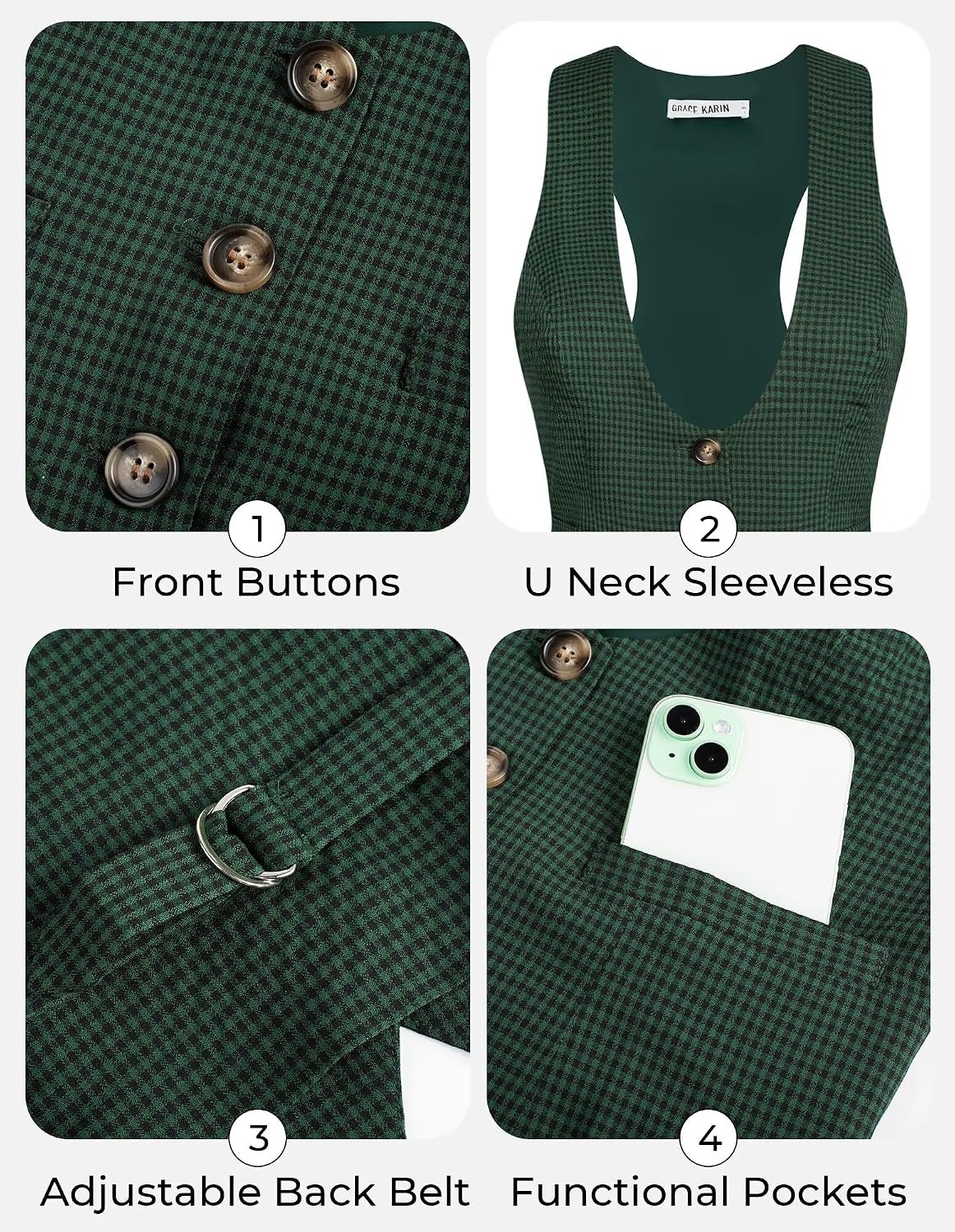 image:imageGRACE KARIN Womens Suit Vest Top Dressy Casual Sleeveless Button Waistcoat Fromal Steampunk Blazer for Work OfficeGreen Plaid