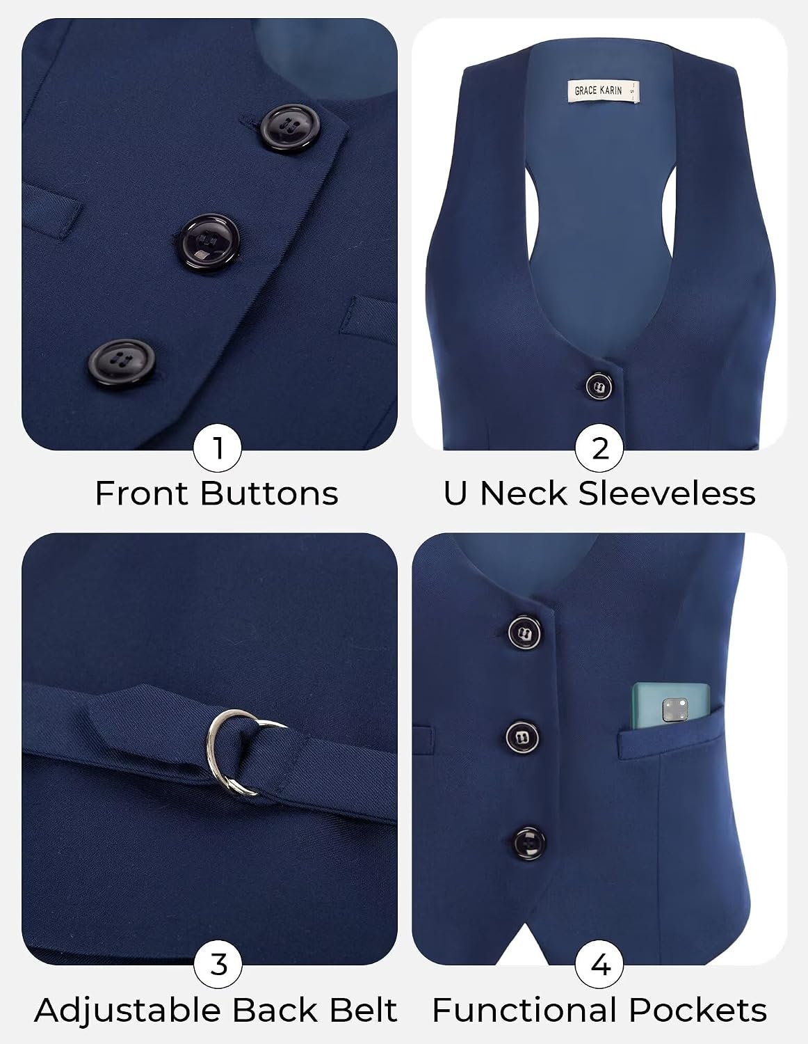 image:imageGRACE KARIN Womens Suit Vest Top Dressy Casual Sleeveless Button Waistcoat Fromal Steampunk Blazer for Work OfficeNavy Blue