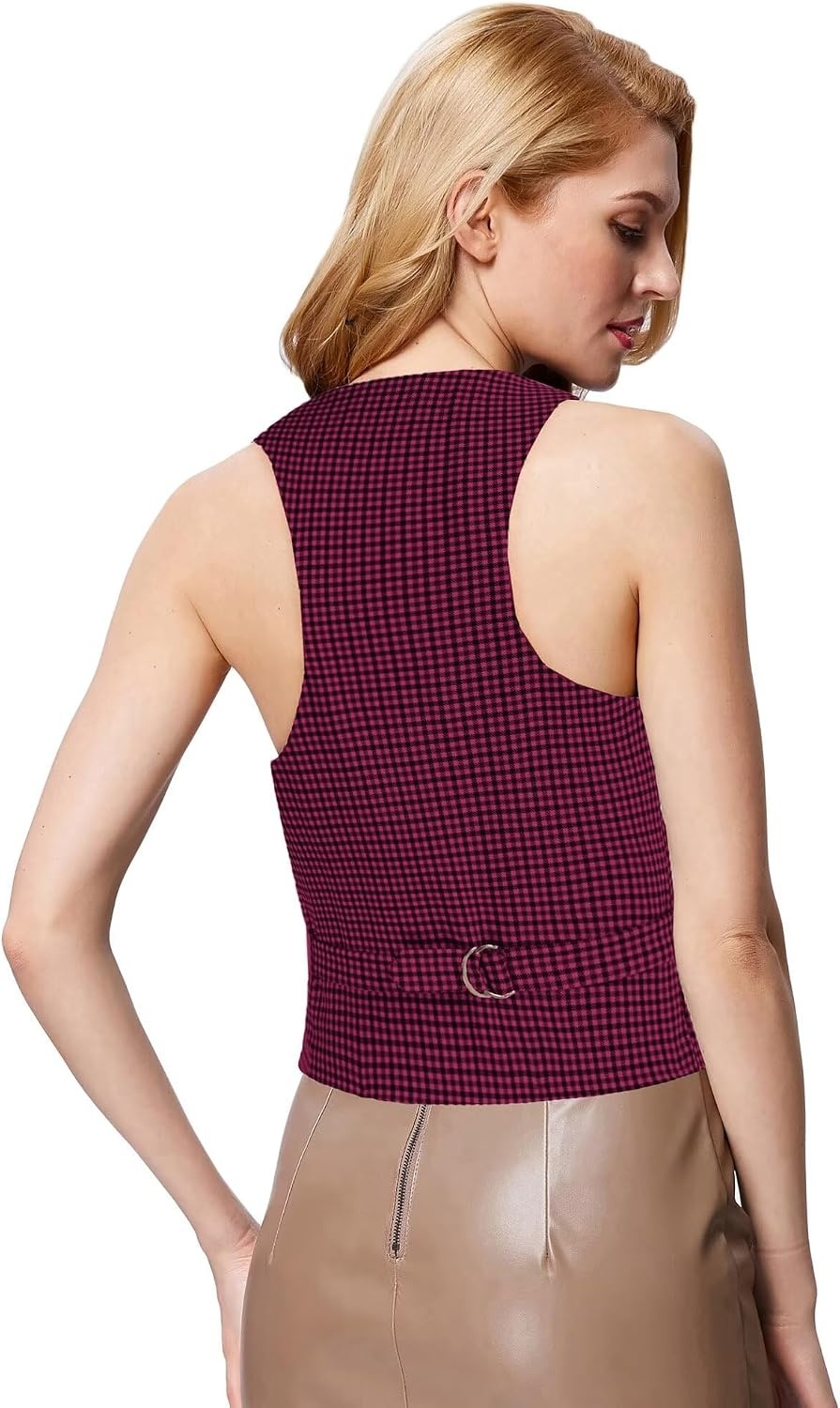 image:imageGRACE KARIN Womens Suit Vest Top Dressy Casual Sleeveless Button Waistcoat Fromal Steampunk Blazer for Work OfficePurple Red Plaid