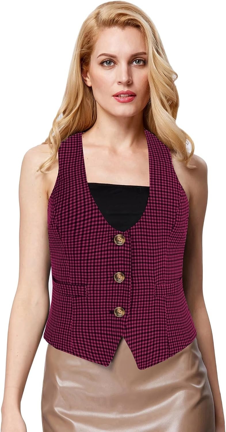 image:imageGRACE KARIN Womens Suit Vest Top Dressy Casual Sleeveless Button Waistcoat Fromal Steampunk Blazer for Work OfficePurple Red Plaid