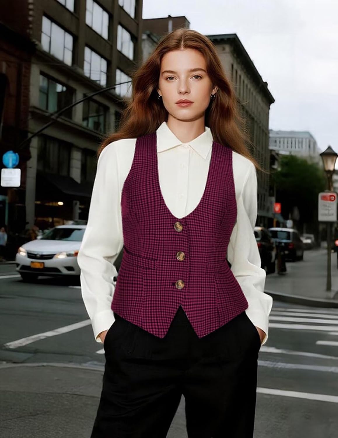 image:imageGRACE KARIN Womens Suit Vest Top Dressy Casual Sleeveless Button Waistcoat Fromal Steampunk Blazer for Work OfficePurple Red Plaid