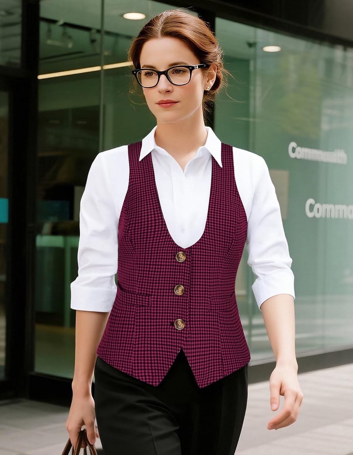 image:imageGRACE KARIN Womens Suit Vest Top Dressy Casual Sleeveless Button Waistcoat Fromal Steampunk Blazer for Work OfficePurple Red Plaid