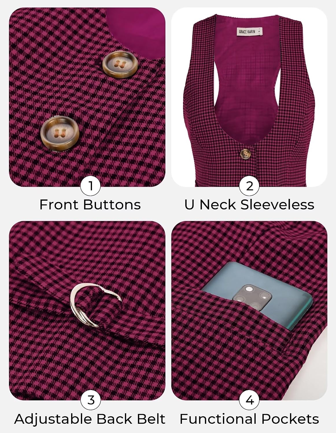 image:imageGRACE KARIN Womens Suit Vest Top Dressy Casual Sleeveless Button Waistcoat Fromal Steampunk Blazer for Work OfficePurple Red Plaid