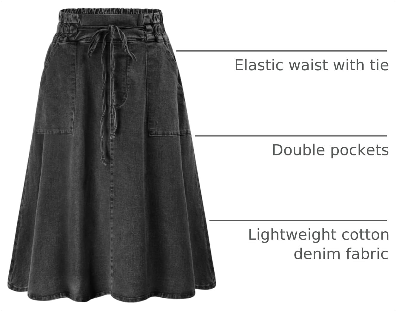 image:imageKANCY KOLE Women Casual Denim Skirts Frill Tie Waist ALine Midi Jean Skirt with Pockets SXXLBlack