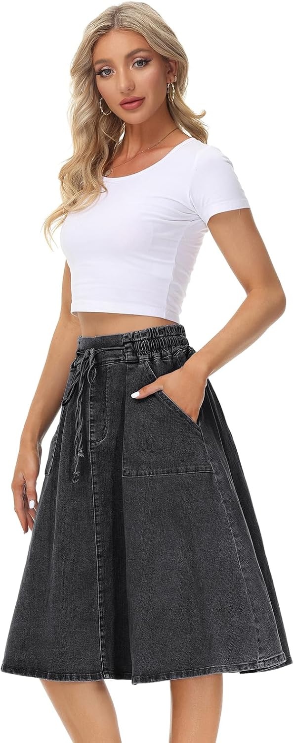 image:imageKANCY KOLE Women Casual Denim Skirts Frill Tie Waist ALine Midi Jean Skirt with Pockets SXXLBlack