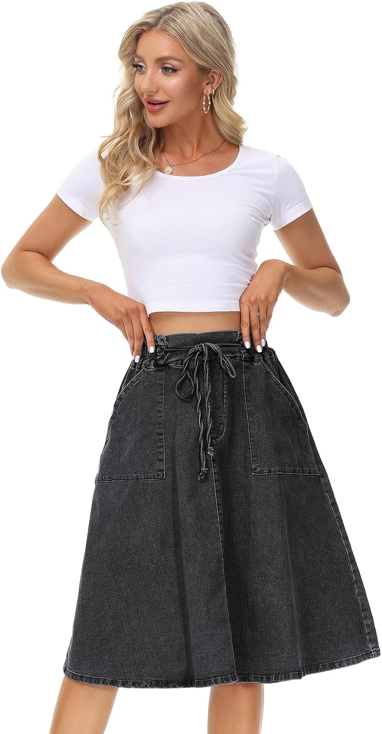 image:imageKANCY KOLE Women Casual Denim Skirts Frill Tie Waist ALine Midi Jean Skirt with Pockets SXXLBlack