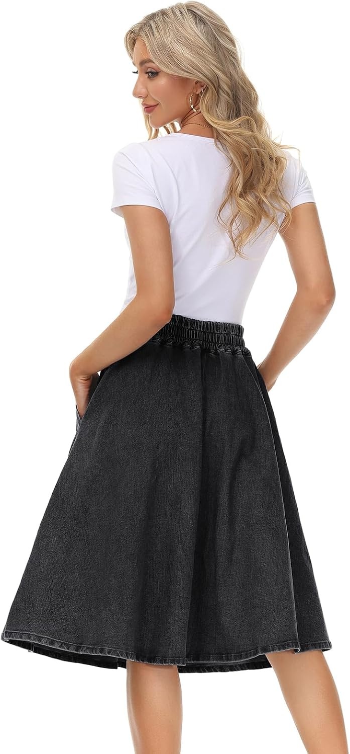 image:imageKANCY KOLE Women Casual Denim Skirts Frill Tie Waist ALine Midi Jean Skirt with Pockets SXXLBlack