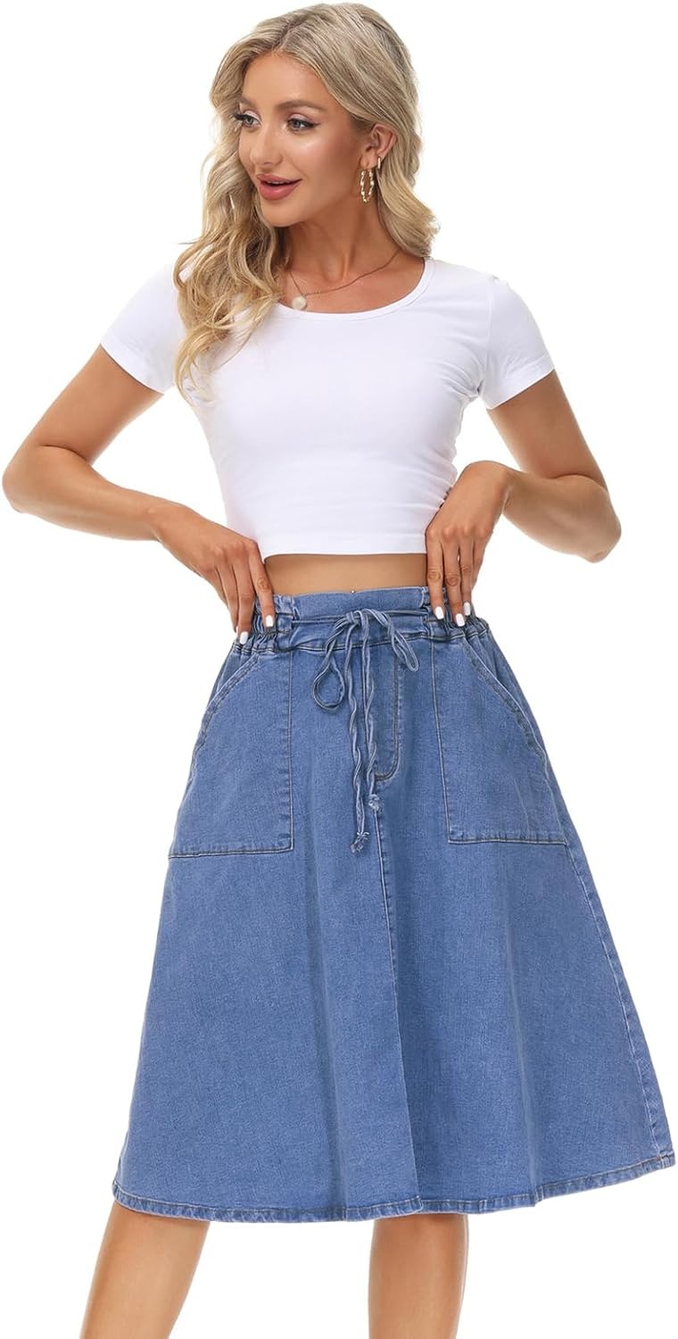 image:imageKANCY KOLE Women Casual Denim Skirts Frill Tie Waist ALine Midi Jean Skirt with Pockets SXXLLight Blue