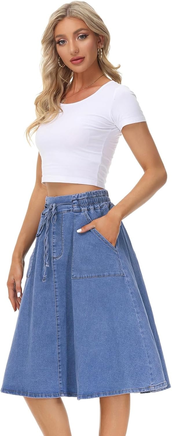 image:imageKANCY KOLE Women Casual Denim Skirts Frill Tie Waist ALine Midi Jean Skirt with Pockets SXXLLight Blue