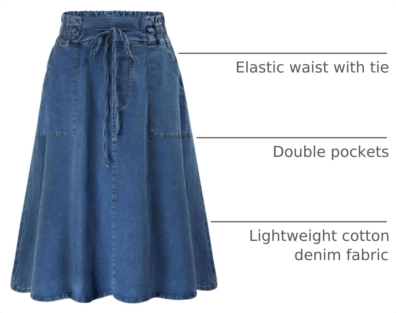 image:imageKANCY KOLE Women Casual Denim Skirts Frill Tie Waist ALine Midi Jean Skirt with Pockets SXXLMedium Blue