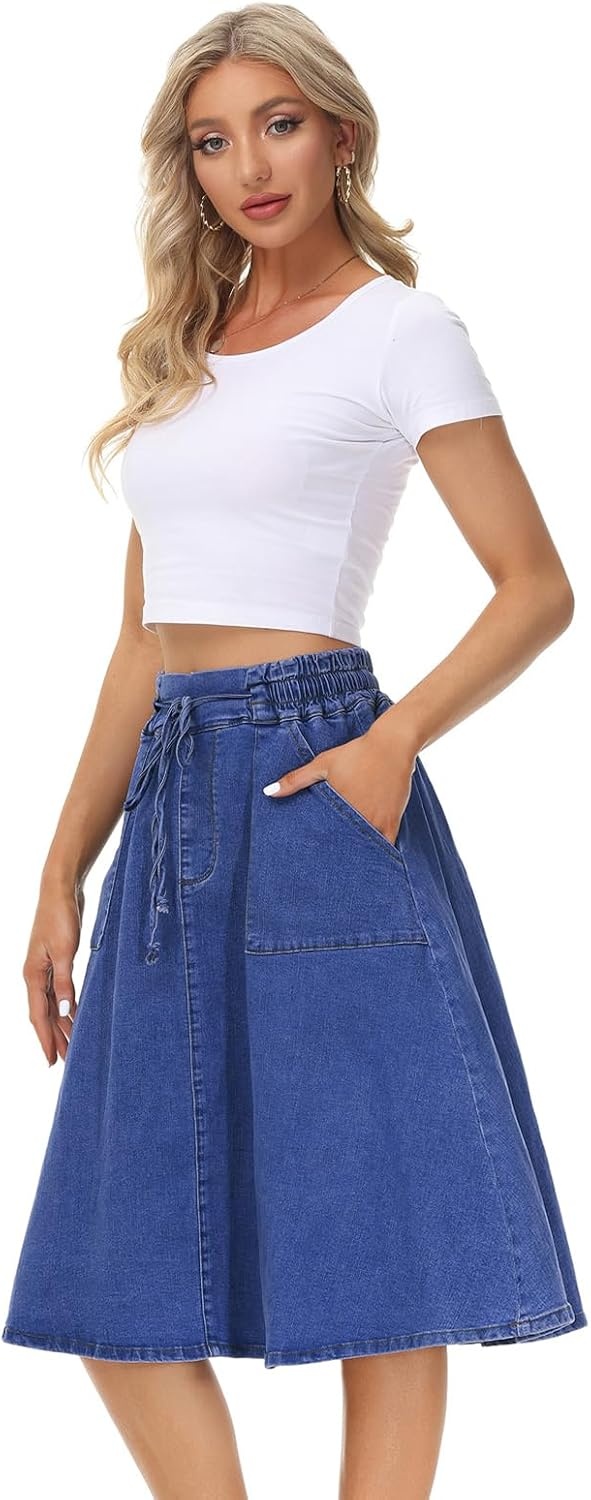 image:imageKANCY KOLE Women Casual Denim Skirts Frill Tie Waist ALine Midi Jean Skirt with Pockets SXXLMedium Blue