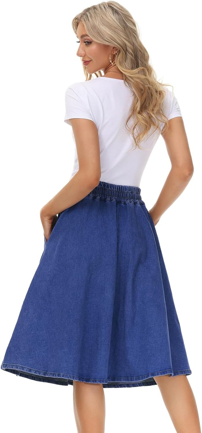 image:imageKANCY KOLE Women Casual Denim Skirts Frill Tie Waist ALine Midi Jean Skirt with Pockets SXXLMedium Blue