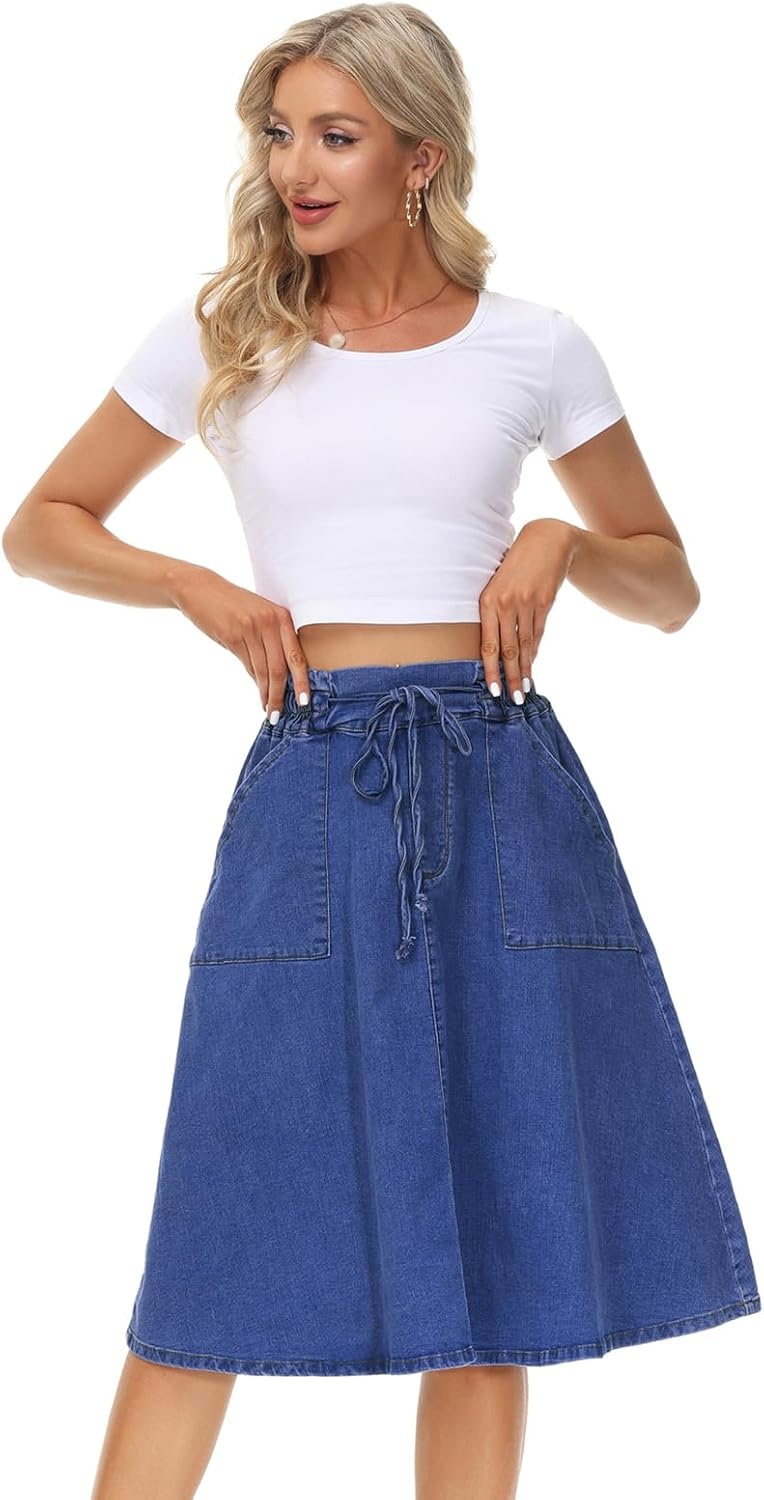 image:imageKANCY KOLE Women Casual Denim Skirts Frill Tie Waist ALine Midi Jean Skirt with Pockets SXXLMedium Blue
