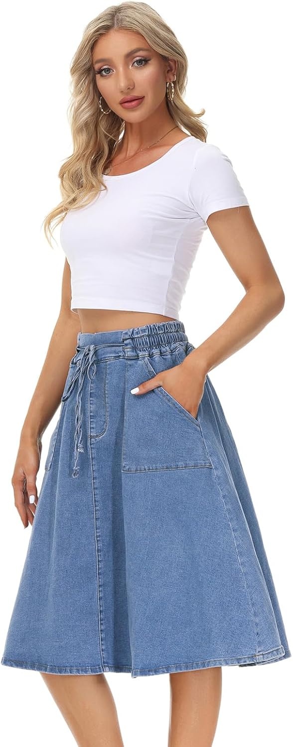 image:imageKANCY KOLE Women Casual Denim Skirts Frill Tie Waist ALine Midi Jean Skirt with Pockets SXXLWash Blue