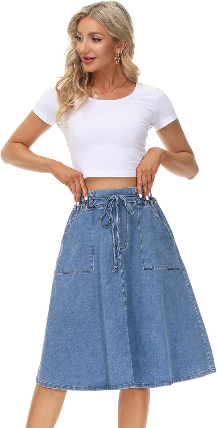 image:imageKANCY KOLE Women Casual Denim Skirts Frill Tie Waist ALine Midi Jean Skirt with Pockets SXXLWash Blue