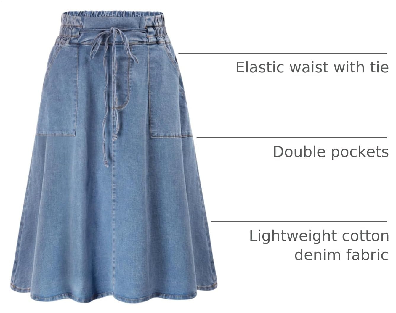 image:imageKANCY KOLE Women Casual Denim Skirts Frill Tie Waist ALine Midi Jean Skirt with Pockets SXXLWash Blue