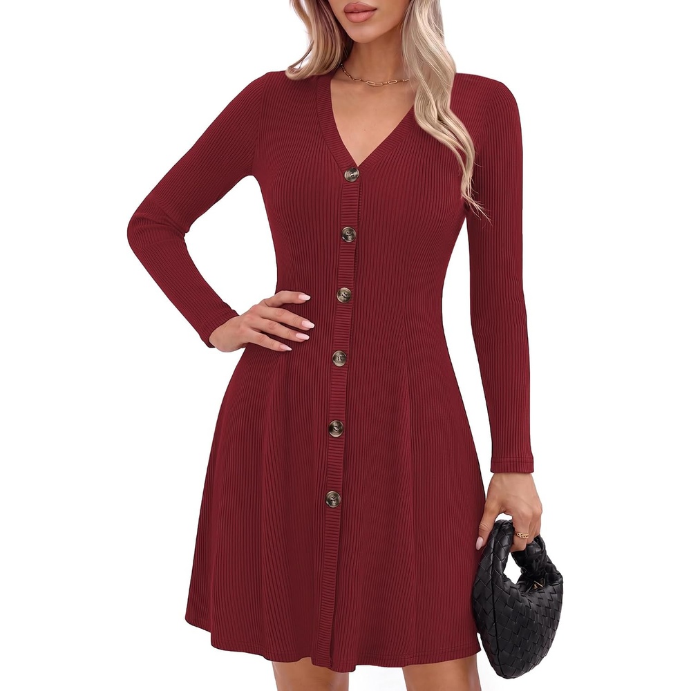 image:imageGRACE KARIN 2026 Womens VNeck Ribbed Knit ALine Mini Fall Sweater DressWine Red