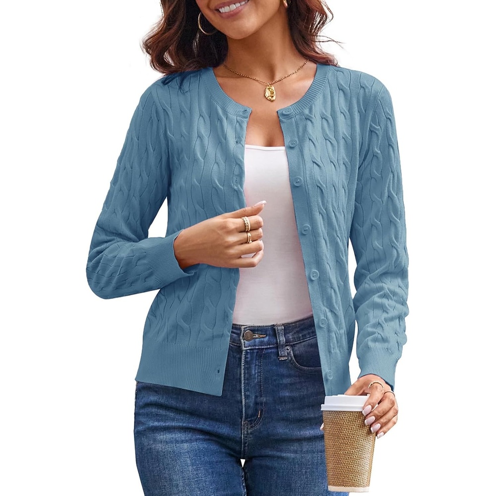 image:imageGRACE KARIN Cable Knit Cardigan Sweaters for Women Lightweight Fall OutfitsBlue Gray