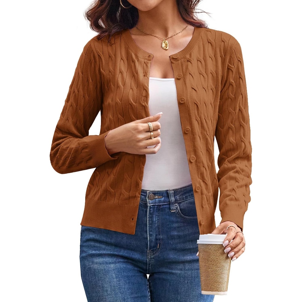 image:imageGRACE KARIN Cable Knit Cardigan Sweaters for Women Lightweight Fall OutfitsCaramel