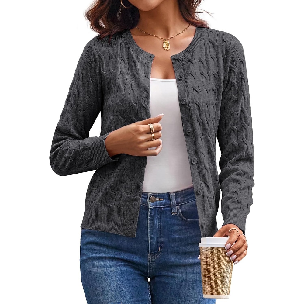 image:imageGRACE KARIN Cable Knit Cardigan Sweaters for Women Lightweight Fall OutfitsDark Heather Grey
