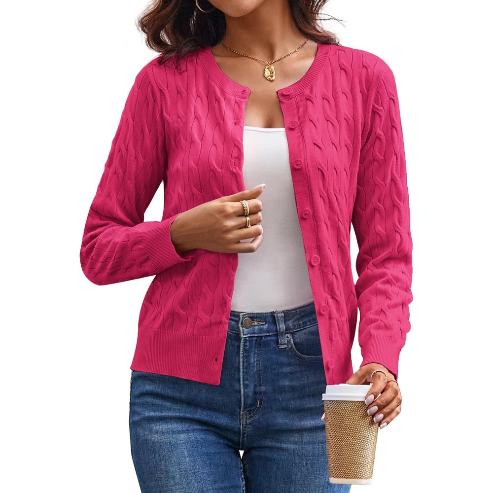 image:imageGRACE KARIN Cable Knit Cardigan Sweaters for Women Lightweight Fall OutfitsHot Pink