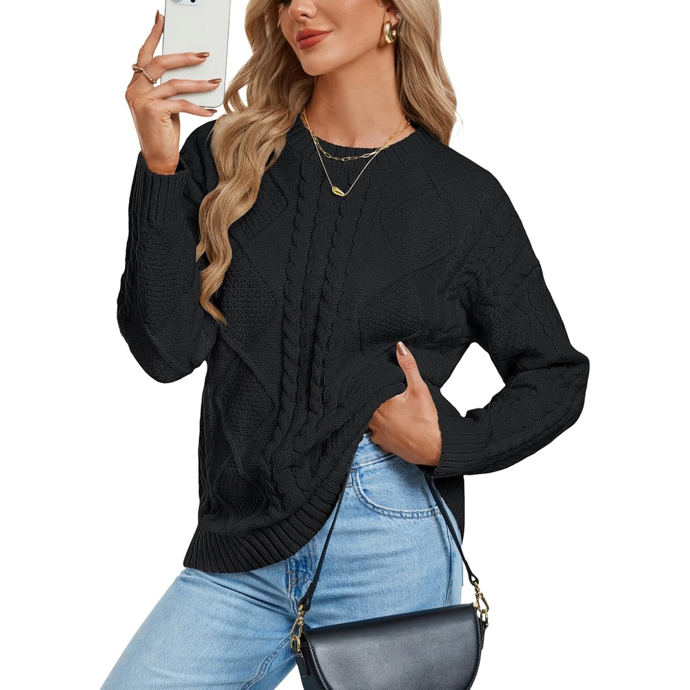 image:imageGRACE KARIN Cable Knit Sweater Women Crewneck Pullover TopsBlack