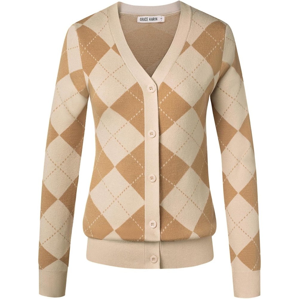 image:imageGRACE KARIN Cardigan Sweaters for Women Fall Argyle Sweater Preppy ClothesApricot Ivory