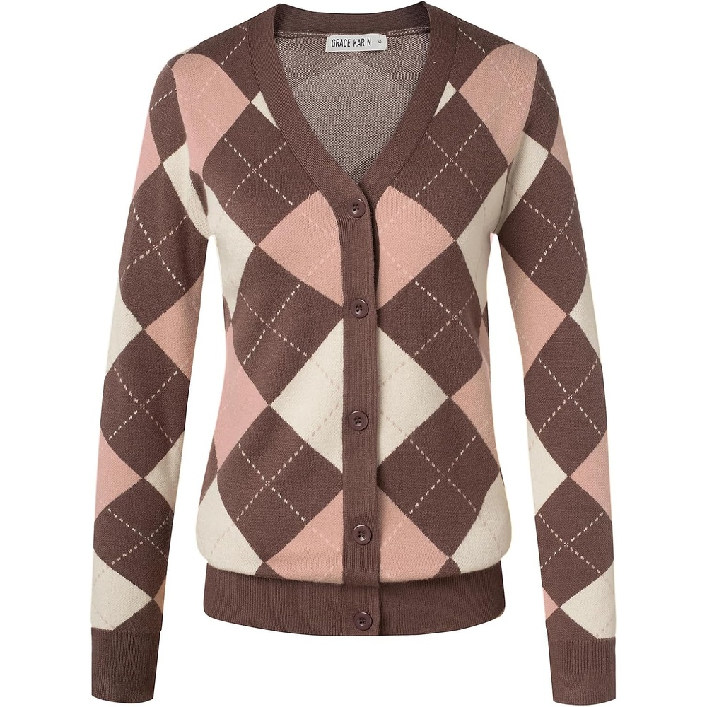 image:imageGRACE KARIN Cardigan Sweaters for Women Fall Argyle Sweater Preppy ClothesPink Coffee