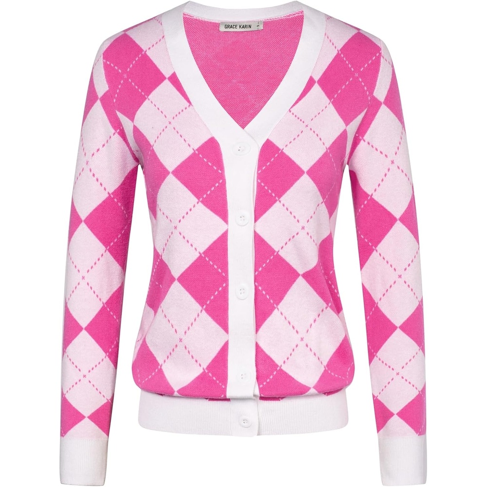 image:imageGRACE KARIN Cardigan Sweaters for Women Fall Argyle Sweater Preppy ClothesPink White