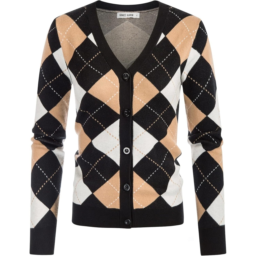 image:imageGRACE KARIN Cardigan Sweaters for Women Fall Argyle Sweater Preppy ClothesPlaid Camel White