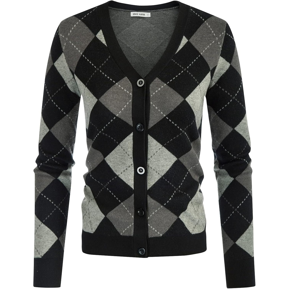 image:imageGRACE KARIN Cardigan Sweaters for Women Fall Argyle Sweater Preppy ClothesPlaid Gray Black