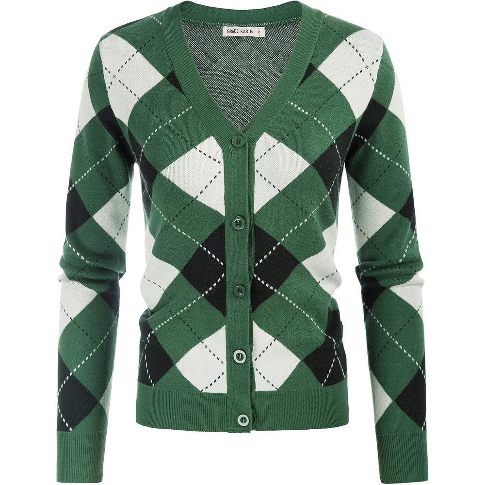 image:imageGRACE KARIN Cardigan Sweaters for Women Fall Argyle Sweater Preppy ClothesPlaid Green White
