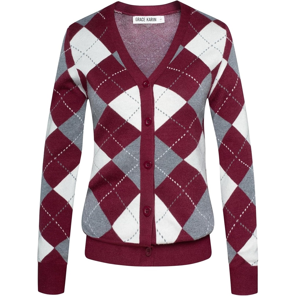 image:imageGRACE KARIN Cardigan Sweaters for Women Fall Argyle Sweater Preppy ClothesWine