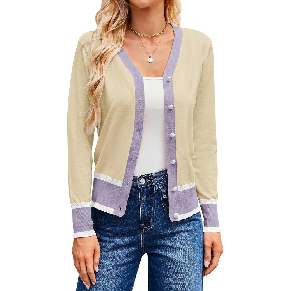 image:imageGRACE KARIN Cardigan Sweaters for Women Fall Lightweight Cropped CardiganBeige Purple
