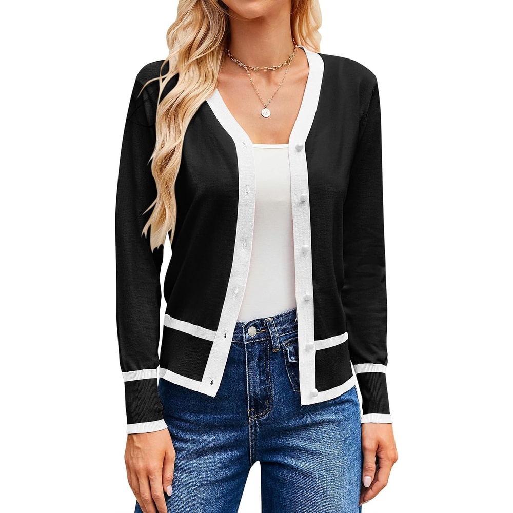 image:imageGRACE KARIN Cardigan Sweaters for Women Fall Lightweight Cropped CardiganBlack White