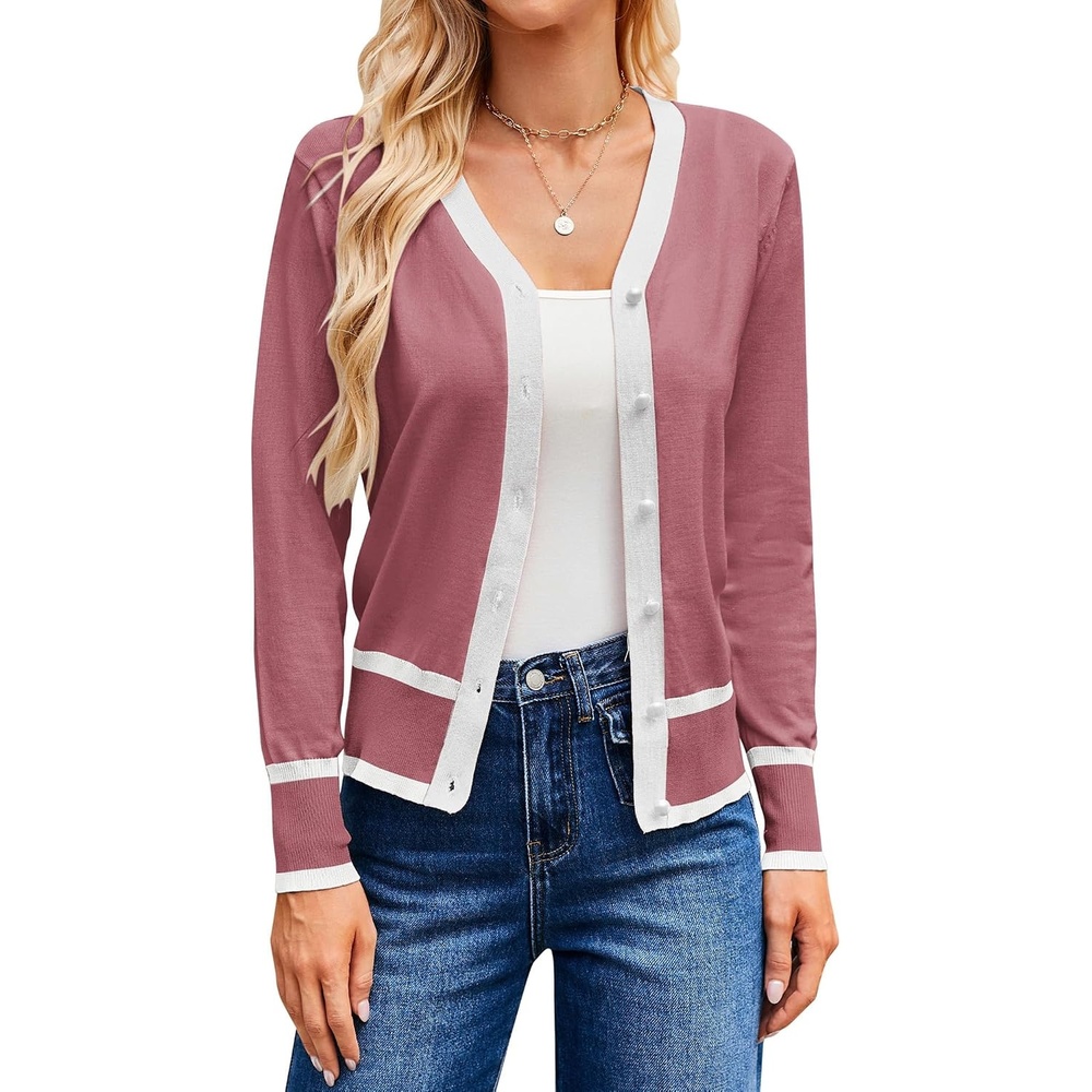 image:imageGRACE KARIN Cardigan Sweaters for Women Fall Lightweight Cropped CardiganDusty Pink