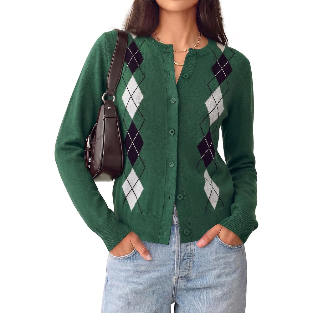 image:imageGRACE KARIN Cardigan for Women Argyle Fall Sweaters Cozy Teacher OutfitsArgyle Green