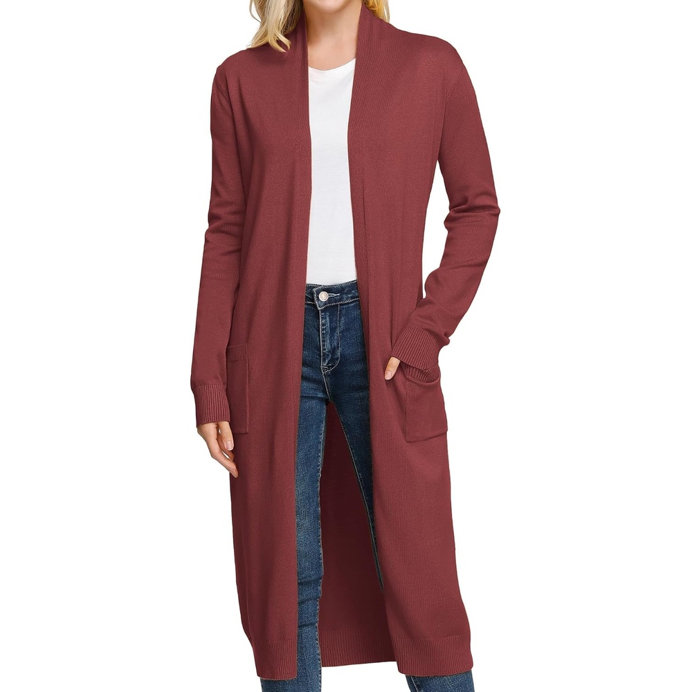 image:imageGRACE KARIN Essential Solid Open Front Maxi Long Knitted Cardigan Sweater for WomenBrown Red